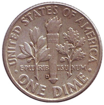 Монета 10 центов. 1961 год, США. Монетный двор D. Рузвельт. Монета 10 центов. 1961 год, США. Монетный двор D. Рузвельт.