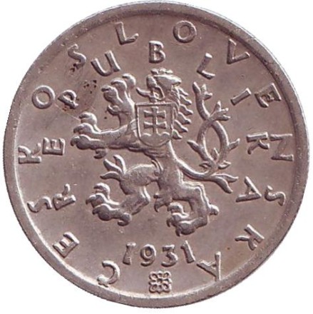 Монета 50 геллеров. 1931 год, Чехословакия.