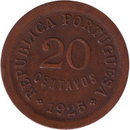 Монета 20 сентаво. 1925 год, Португалия.