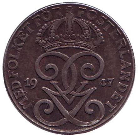 Монета 2 эре. 1947 год, Швеция.