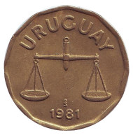 Монета 50 сентесимо. 1981 год, Уругвай. Чаша весов. Монета 50 сентесимо. 1981 год, Уругвай. Чаша весов.