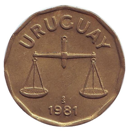 Монета 50 сентесимо. 1981 год, Уругвай. Чаша весов.