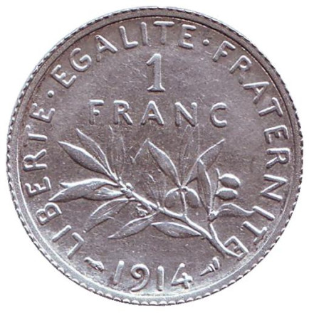 Монета 1 франк. 1914 год, Франция.