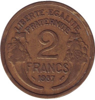 Монета 2 франка. 1937 год, Франция. Монета 2 франка. 1937 год, Франция.