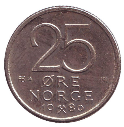 Монета 25 эре. 1980 год, Норвегия. ("AB*", звезда)