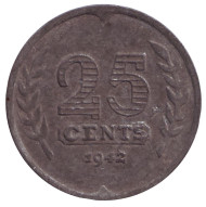 Монета 25 центов. 1942 год, Нидерланды. Монета 25 центов. 1942 год, Нидерланды.