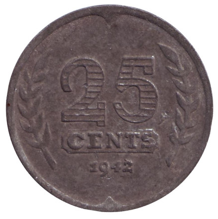 Монета 25 центов. 1942 год, Нидерланды.