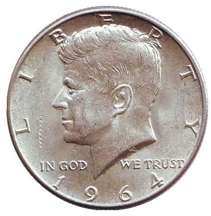 Монета 50 центов. 1964 год, США. (Без отметки монетного двора). Джон Кеннеди.