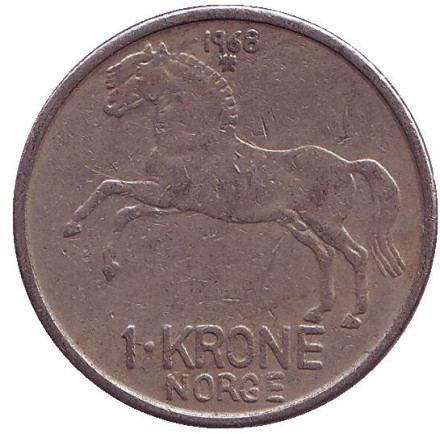 Монета 1 крона. 1968 год, Норвегия. Лошадь.