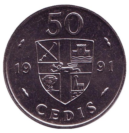 Монета 50 седи. 1991 год, Гана. Африканские барабаны. Монета 50 седи. 1991 год, Гана. Африканские барабаны.