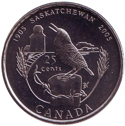 Монета 25 центов. 2005 год, Канада. 100-летие образования провинции Саскачеван.