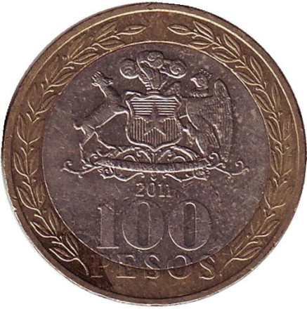 Монета 100 песо. 2011 год, Чили. Индеец Мапуче.