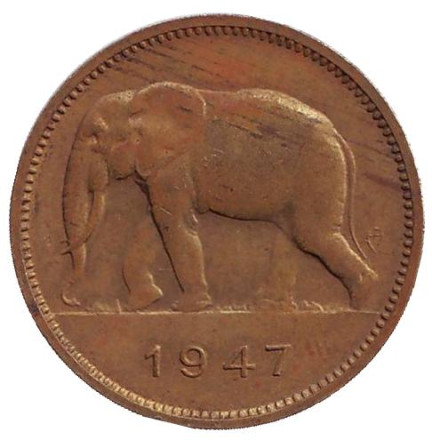 Монета 2 франка. 1947 год, Бельгийское Конго. Слон.