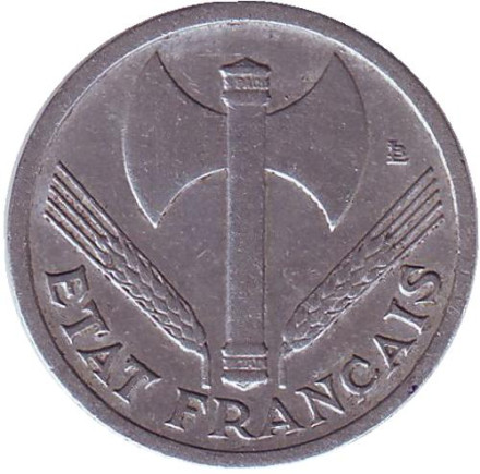 Монета 1 франк. 1943 год, Франция. (Без отметки монетного двора)