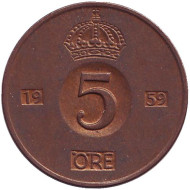Монета 5 эре. 1959 год, Швеция. Монета 5 эре. 1959 год, Швеция.