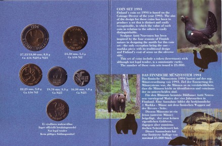 Природа Финляндии. Набор монет Финляндии в буклете (5 шт., с жетоном), 1994 год, Финляндия. (Вар. I) Природа Финляндии. Набор монет Финляндии в буклете (5 шт., с жетоном), 1994 год, Финляндия. (Вар. I)