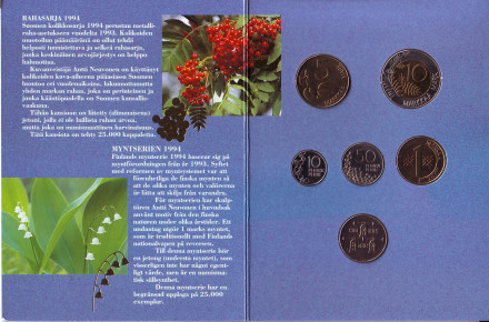 Природа Финляндии. Набор монет Финляндии в буклете (5 шт., с жетоном), 1994 год, Финляндия. (Вар. I) Природа Финляндии. Набор монет Финляндии в буклете (5 шт., с жетоном), 1994 год, Финляндия. (Вар. I)
