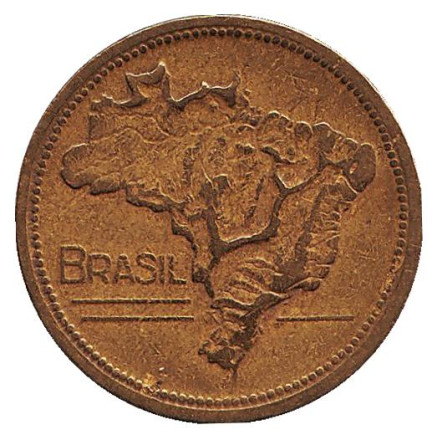 Монета 1 крузейро. 1943 год, Бразилия. Карта Бразилии.