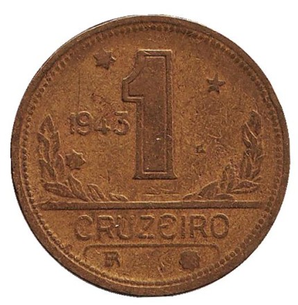 Монета 1 крузейро. 1943 год, Бразилия. Карта Бразилии. Монета 1 крузейро. 1943 год, Бразилия. Карта Бразилии.