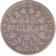 Монета 1 лира. 1868 год, Папская область. (MAX·AN·XXII). Монета 1 лира. 1868 год, Папская область. (MAX·AN·XXII).