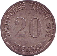 Монета 20 пфеннигов. 1875 год (A), Германская империя. Монета 20 пфеннигов. 1875 год (A), Германская империя.