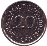 Монета 20 центов. 2001 год, Маврикий. Монета 20 центов. 2001 год, Маврикий.