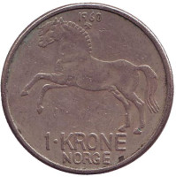 Лошадь. Монета 1 крона. 1960 год, Норвегия.