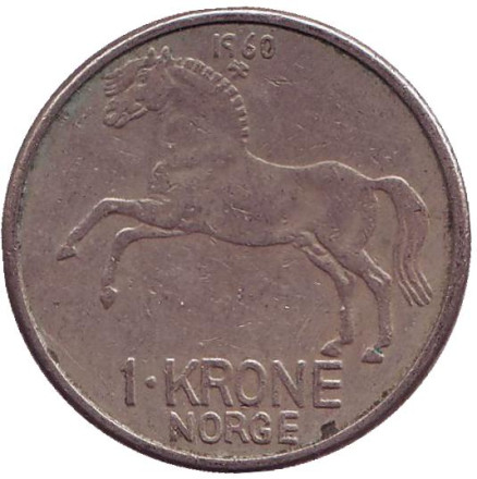 Монета 1 крона. 1960 год, Норвегия. Лошадь.