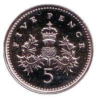 Монета 5 пенсов. 1996 год, Великобритания. BU.