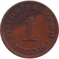Монета 1 пфенниг. 1915 год (A), Германская империя. Монета 1 пфенниг. 1915 год (A), Германская империя.