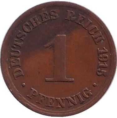 Монета 1 пфенниг. 1915 год (A), Германская империя.