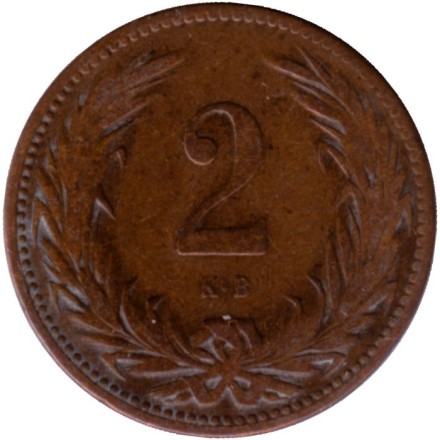 Монета 2 филлера. 1898 год, Австро-Венгерская империя. Венгерский тип.