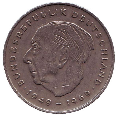Монета 2 марки. 1970 год (D), ФРГ. Из обращения. Теодор Хойс.