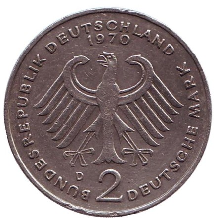 Монета 2 марки. 1970 год (D), ФРГ. Теодор Хойс. Монета 2 марки. 1970 год (D), ФРГ. Теодор Хойс.