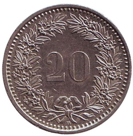 Монета 20 раппенов. 1990 год, Швейцария.