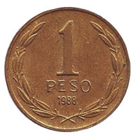 Монета 1 песо. 1988 год, Чили. Бернардо О’Хиггинс. Монета 1 песо. 1988 год, Чили. Бернардо О’Хиггинс.