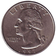 Монета 25 центов. 1997 (P) год, США. Вашингтон. Монета 25 центов. 1997 (P) год, США. Вашингтон.
