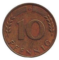 Монета 10 пфеннигов. 1969 год (G), ФРГ. Дубовые листья. Монета 10 пфеннигов. 1969 год (G), ФРГ. Дубовые листья.