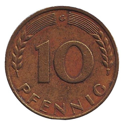 Монета 10 пфеннигов. 1969 год (G), ФРГ. Дубовые листья.