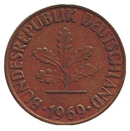 Монета 10 пфеннигов. 1969 год (G), ФРГ. Дубовые листья.