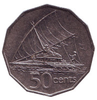 Фиджийское каноэ Такиа (Каунитони). Монета 50 центов. 1990 год, Фиджи.