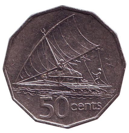 Монета 50 центов. 1990 год, Фиджи. Фиджийское каноэ Такиа (Каунитони).