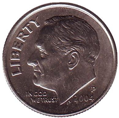 Монета 10 центов. 2004 (P) год, США. Рузвельт.