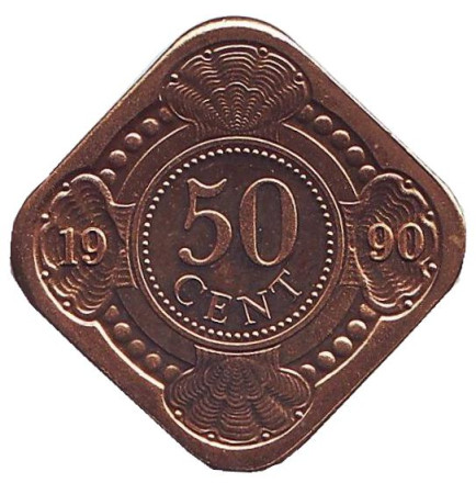 Монета 50 центов. 1990 год, Нидерландские Антильские острова. UNC.