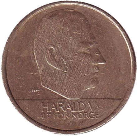 Монета 10 крон. 1996 год, Норвегия. Король Харальд V.