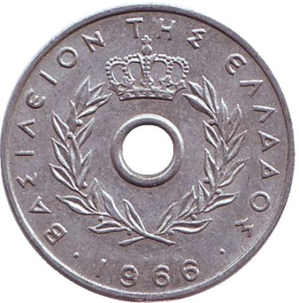 Монета 10 лепт. 1966 год, Греция.