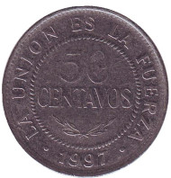 Монета 50 сентаво. 1997 год, Боливия. Монета 50 сентаво. 1997 год, Боливия.