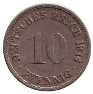 Монета 10 пфеннигов. 1914 год (A), Германская империя. Монета 10 пфеннигов. 1914 год (A), Германская империя.