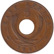 Монета 5 центов. 1941 год, Восточная Африка. Без отметки МД. Монета 5 центов. 1941 год, Восточная Африка. Без отметки МД.