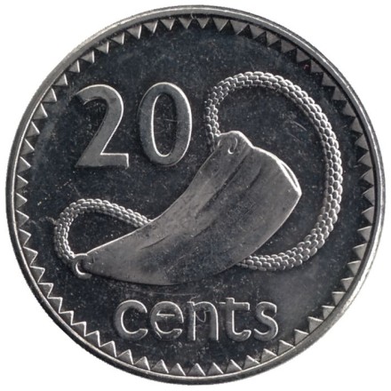 Монета 20 центов. 2006 год, Фиджи. Культовый атрибут Tabua (зуб кита) на плетеном шнурке.